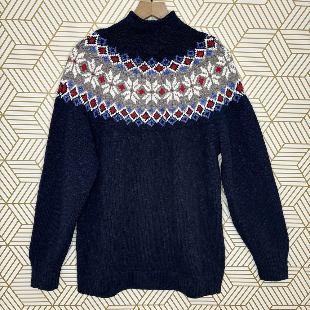 L.L. Bean Cotton Ragg Sweater Funnelneck Fair Isle XL Blue Preppy Fisherman